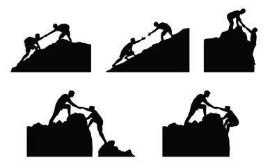 Climb Mountain, Teamwork friendship hiking help each other trust assistance silhouette, People helping each other hike up a mountain, Giving a helping hand