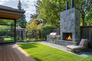 Fototapeta premium Contemporary backyard design with stone fireplace and outdoor kitchen area