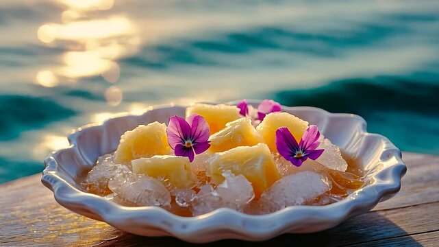 Fresh pineapple cubes on ice, adorned with pansies, by the ocean at sunset