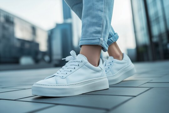 Side view of white sneakers with thick soles and rolled jeans standing on a clean tiled pavement