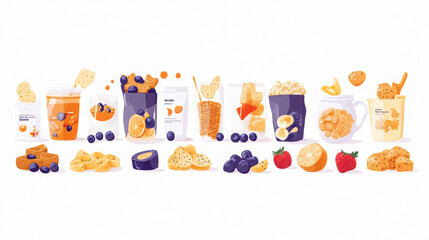 Fototapeta premium Healthy snack assortment featuring colorful fruits, nuts, and various snack items arranged in visually appealing manner. This vibrant display promotes nutritious eating and balanced diet
