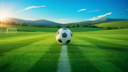 Naklejka premium Soccer Ball on Green Field at Sunset