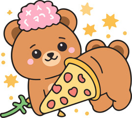 Fototapeta premium Cute cartoon bear with a pink brain hat happily holding a slice of pizza, surrounded by stars. Fun, quirky, and playful illustration perfect for kids, food lovers, and creative projects.
