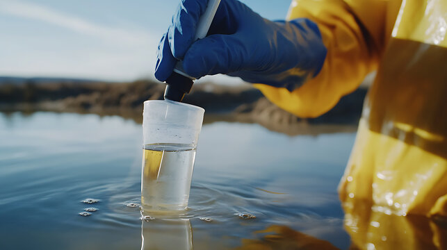Technician testing water samples from a lithium extraction site to ensure environmental safety. Featuring environmental testing