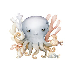 Cute Octopus Fishes Sea Shell Seaweed Coral. Ocean marine animal. Watercolor hand painted summer isolated illustration