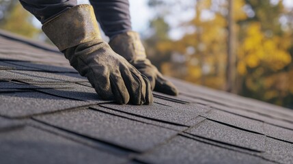 A roofer installing shingles on a new home. Featuring focus and expertise