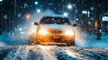 Car driving in heavy snow at night.