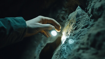 Tunnel engineer inspecting structural integrity with a flashlight. Featuring focus and safety