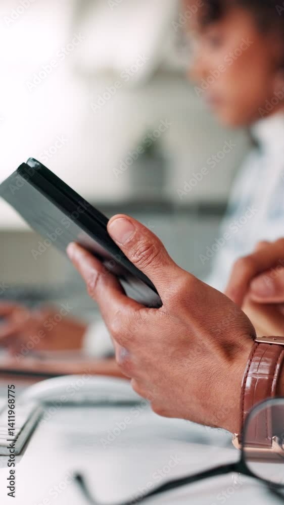 Poster Man, hands and tablet in office for business, website scroll and search on internet. Admin person, tech and typing in coworking space for schedule update, agenda and feedback for efficient workflow