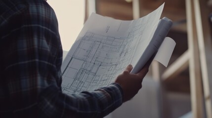 Construction engineer reviewing blueprints at a building site. Featuring planning and strategy