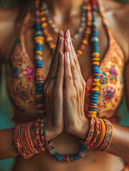 Serene Hands in Prayer: Vibrant Jewelry and Warm Hues