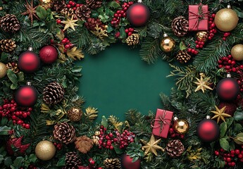 Christmas background with green, red, and gold decorations on the edges, leaving space in the center for text