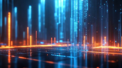 Futuristic neon cityscape with glowing blue and orange lights for technology themes. Trading world chart schedule