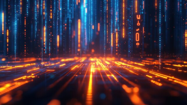 Futuristic digital matrix with glowing orange and blue light particles in a virtual reality space. Trading world chart schedule