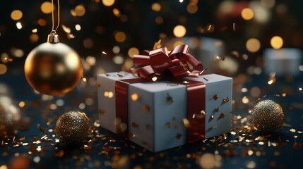 A beautifully wrapped white gift box adorned with a vibrant red ribbon, elegantly tied in a bow on top, resting on a soft, textured surface, ready for a special occasion.