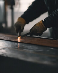Obraz premium Welder cutting metal sheets with a cutting torch on site. Featuring industrial work and precision