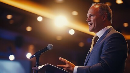 A motivational image of a professional delivering a keynote speech at an industry-leading event.