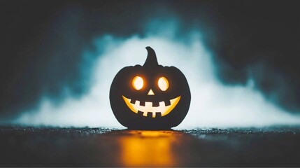 Spooky Halloween pumpkin jack-o-lantern with a carved face glowing in the dark night