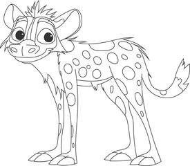 A cartoon hyena stands against a black background, drawn with outlines and spots, its face expressing a playful, endearing demeanor.