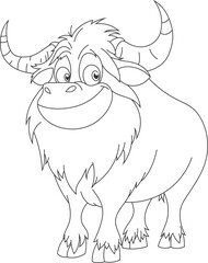 A cartoon drawing of a smiling bull with large horns, outlined in black and white, standing with a friendly expression, perfect for kids.