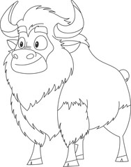 Cartoon drawing of a cute, large, furry animal with large horns and a fluffy mane, standing on a black background in an outline style.