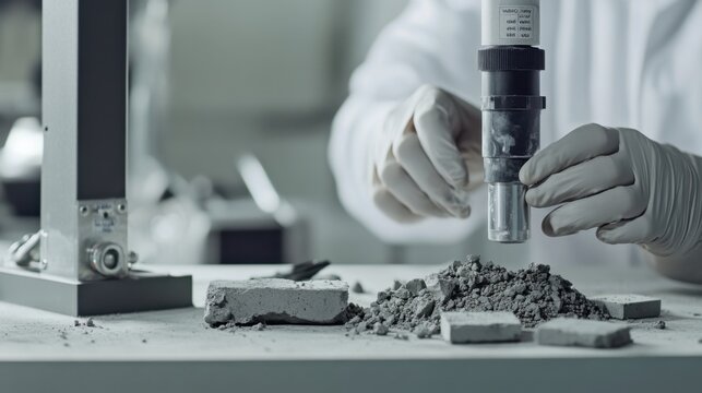Construction materials tester analyzing concrete samples in a lab. Featuring precision and structural assessment