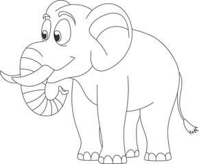 Cartoon elephant with big ears and tusks standing. Illustration of a friendly animal for children's books or educational material.