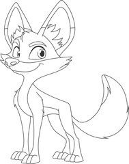 Cartoon fox outline with big ears and a friendly expression stands alert and ready for adventure. Stylized and inviting illustration.