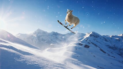 Wild mountain adventure with a snowboarder and a lively sheep.