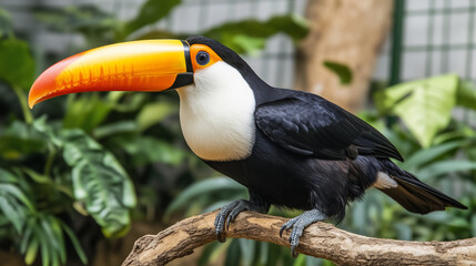 Colorful toucan resting on a branch, lush greenery behind, showcasing nature's vibrant beauty.