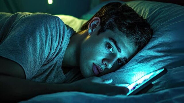 Teenager using phone in bed at night