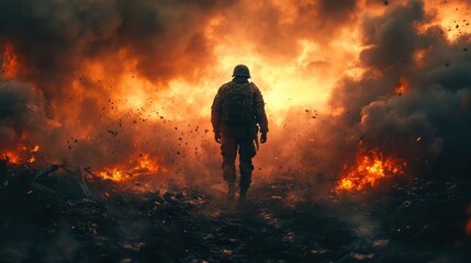 Obraz premium Lone Soldier Amidst Fiery Ruin: A Post-Apocalyptic Battlefield