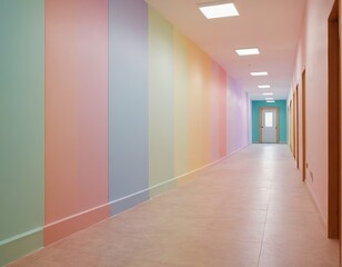 Fototapeta premium Bright pastel hallway with colorful walls and modern lighting, creating a cheerful and inviting atmosphere.