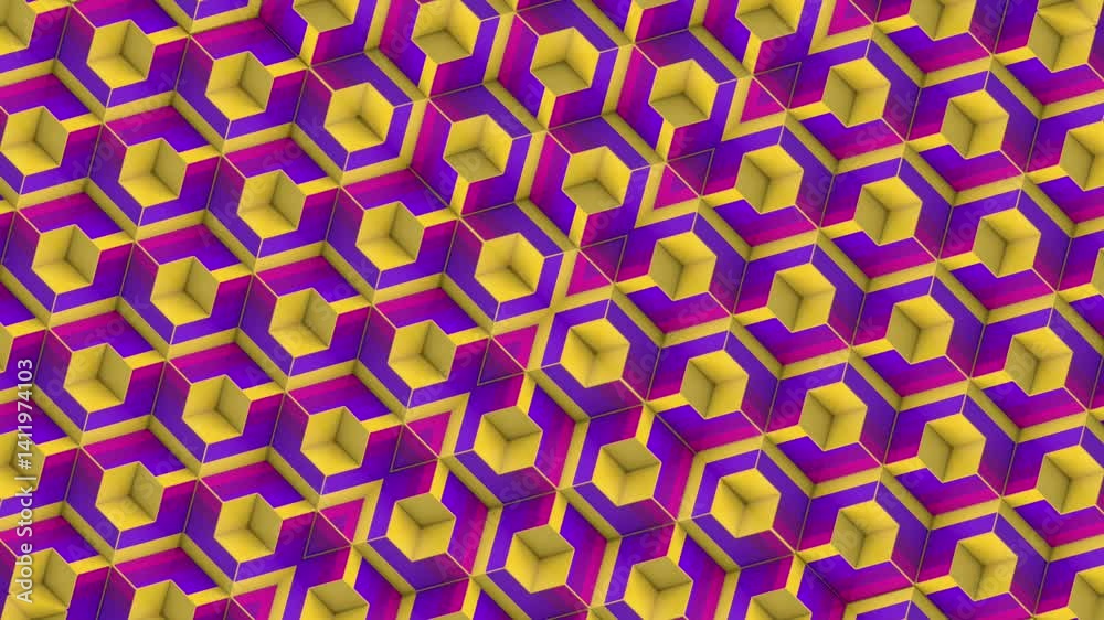 Fototapete Loop animation of a bright symmetrical geometric pattern consisting of a grid of changing cubic shapes. The composition is dynamic. Contrasting shades of yellow, purple and pink. 3d rendering 4K