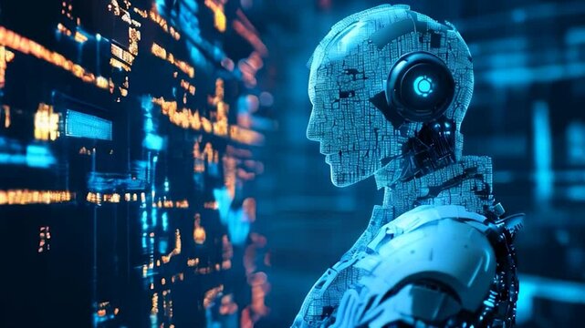 A futuristic humanoid robot with glowing circuitry and a headset gazes at a wall of illuminated digital data in a high-tech environment