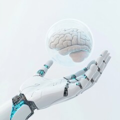 Robotic hand holding brain; AI, medical, technology