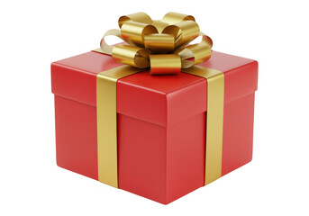 A red gift box with gold ribbon and bow on top