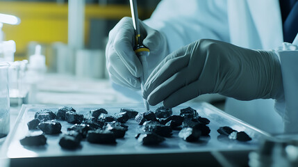 Worker checking lithium ore quality in a processing lab at a mining facility. Featuring ore inspection