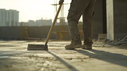 A worker cleaning the construction site at the end of the day. Featuring tidiness and focus