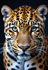 Naklejka premium Close-up Jaguar Portrait Focuses on Striking Eyes and Distinctive Spotted Pattern