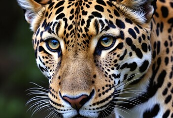 Fototapeta premium Close-up Jaguar Portrait Focuses on Striking Eyes and Distinctive Spotted Pattern
