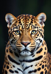 Obraz premium Close-up Jaguar Portrait Focuses on Striking Eyes and Distinctive Spotted Pattern