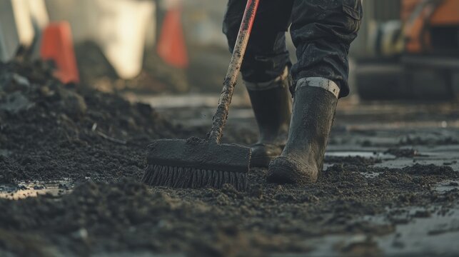 A worker cleaning up debris at a construction site. Featuring care and cleanliness