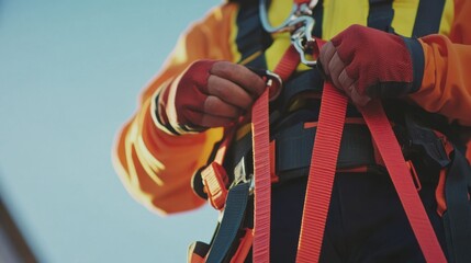 Construction worker adjusting a safety harness. Featuring safety and preparation