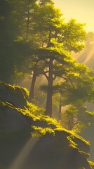 Serene Lake at Dawn: Golden Sunbeams Pierce Mist over Mossy Rocks, Ideal Eco-Friendly Car Advertisement Backdrop. Tranquil Nature Scene for Environmental Marketing, AI-Generated Design Element.