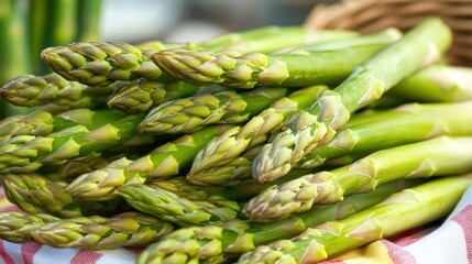 Fresh green asparagus at farmers market, close-up, wicker basket blurred background, healthy food