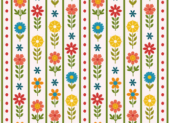 Seamless retro floral pattern with bright flowers and green leaves. Vintage botanical design is perfect for textiles, wallpapers, wrapping paper and digital backgrounds.Vector Striped Print