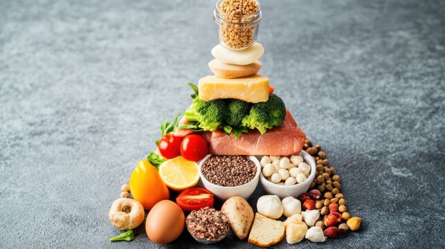 Balanced diet pyramid, healthy food, grey background, nutrition guide