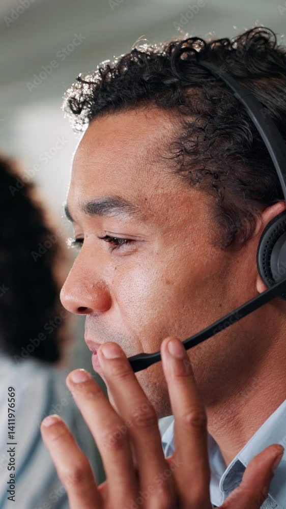 Leinwandbilder call center, customer service and business man talking with it help desk technician for assistance. 