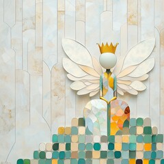 A whimsical angel figure adorned with a crown, beautifully crafted in soft pastel colors